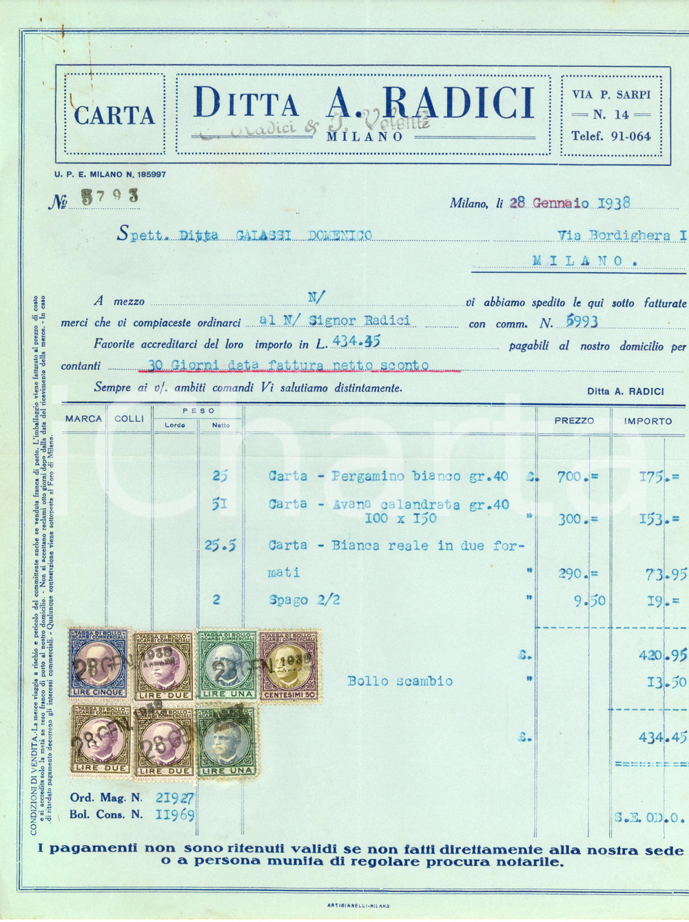 Documento originale, autentico 1938 MILANO Ditta RADICI & VOLONTE  Carta via SARPI Fattura commerciale 1