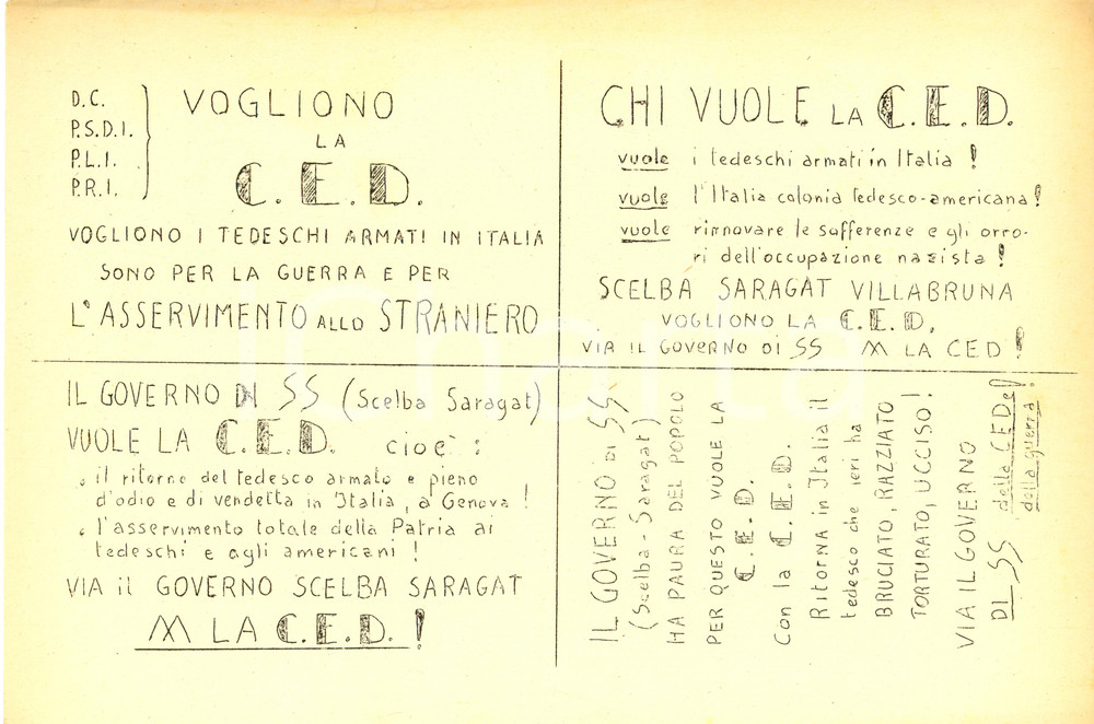 Materiale pubblicitario d’epoca 1953 PROPAGANDA POLITICA PCI Mario SCELBA Giuseppe SARAGAT vogliono C.E.D. 1