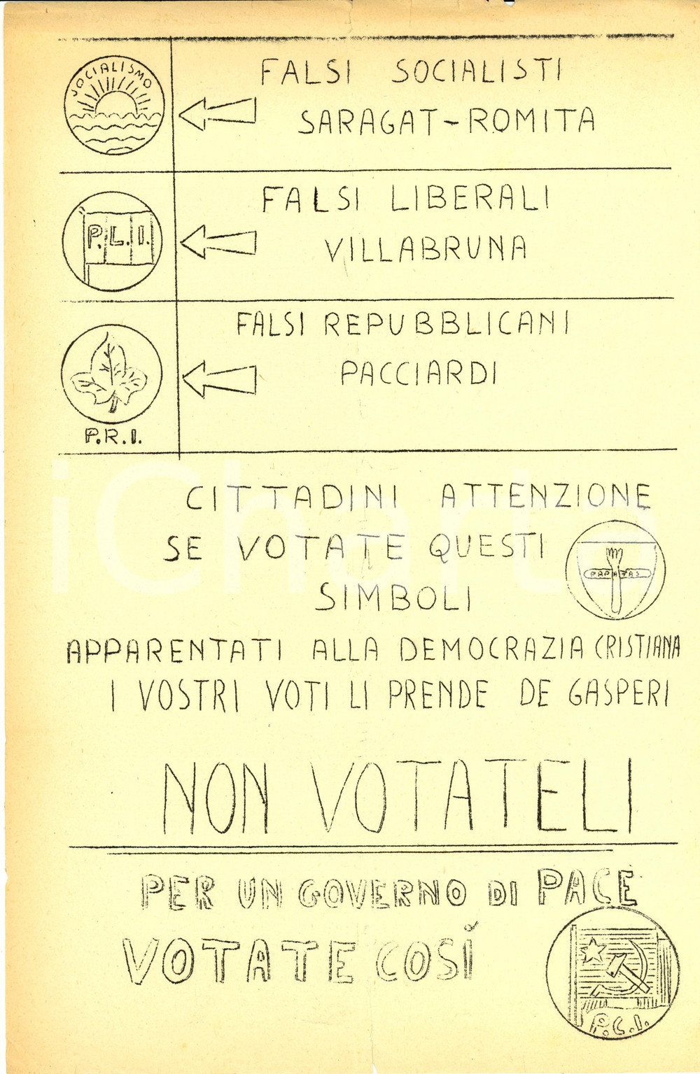 Materiale pubblicitario d’epoca 1953 PROPAGANDA POLITICA PCI Falsi partiti appoggiano DC Volantino 1