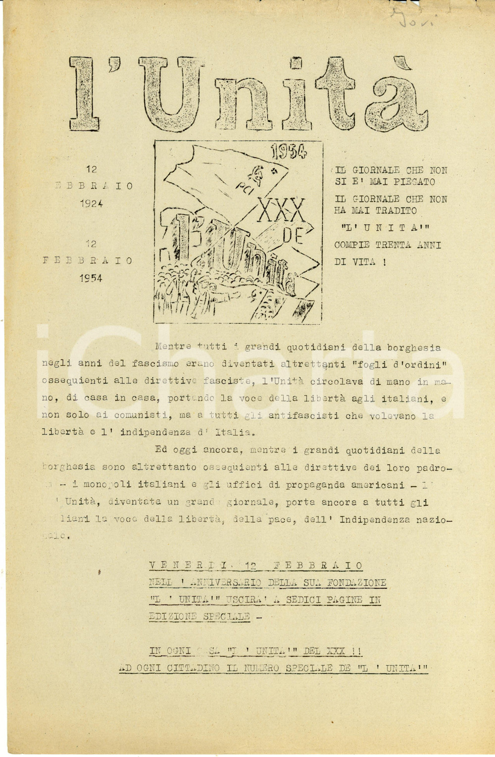Materiale pubblicitario d’epoca 1954 PROPAGANDA POLITICA PCI Trentesimo anniversario UNITA  Volantino ILLUSTRATO 1