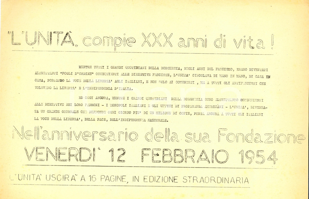 Materiale pubblicitario d’epoca 1954 L UNITA  Ventesimo anniversario dell unico giornale libero Ciclostilato 1