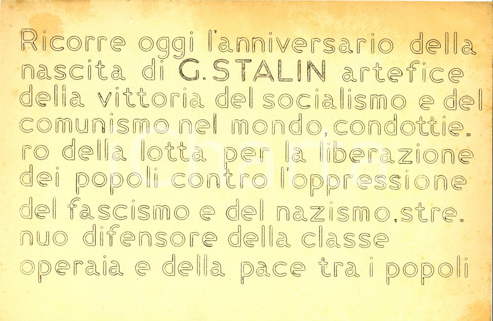Materiale pubblicitario d’epoca 1954 PROPAGANDA POLITICA PCI Anniversario nascita STALIN Ciclostilato 1