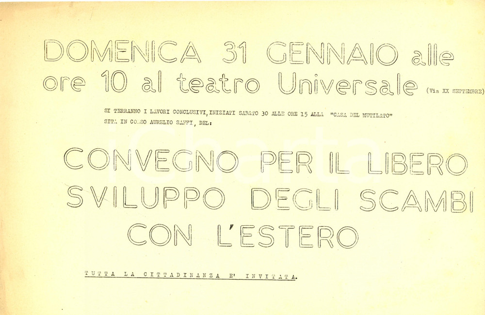 Materiale pubblicitario d’epoca 1954 GENOVA Convegno PCI su libero scambio estero a Teatro Universale Ciclostile 1