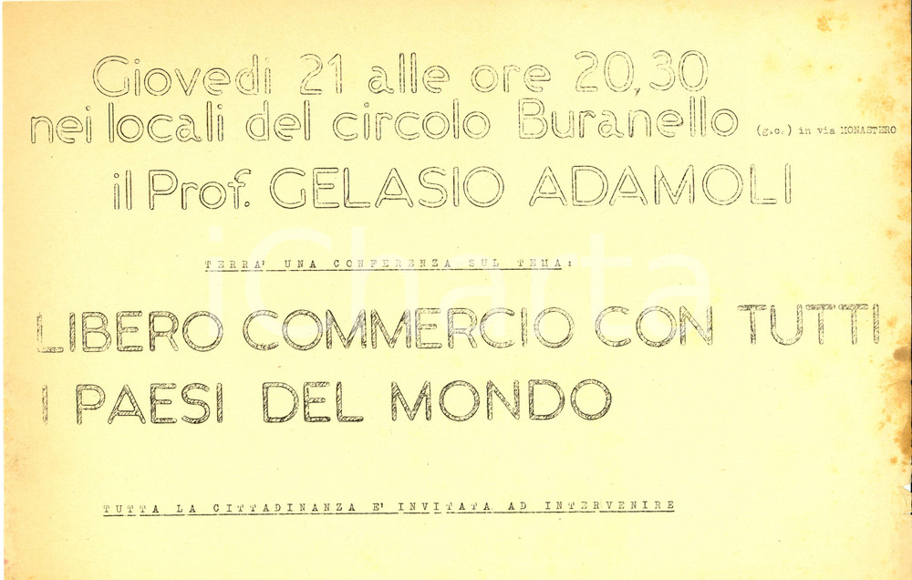 Materiale pubblicitario d’epoca 1954 GENOVA SAMPIERDARENA Gelasio ADAMOLI al Circolo BURANELLO Ciclostile 1