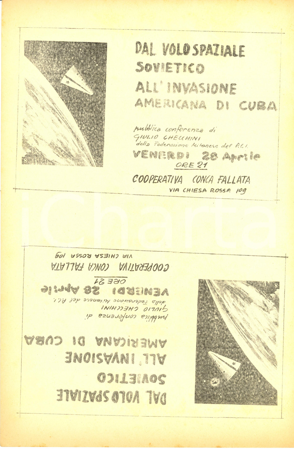 Materiale pubblicitario d’epoca 1970 ca MILANO PCI Giulio CHECCHINI CONCA FALLATA volo spaziale invasione CUBA 1