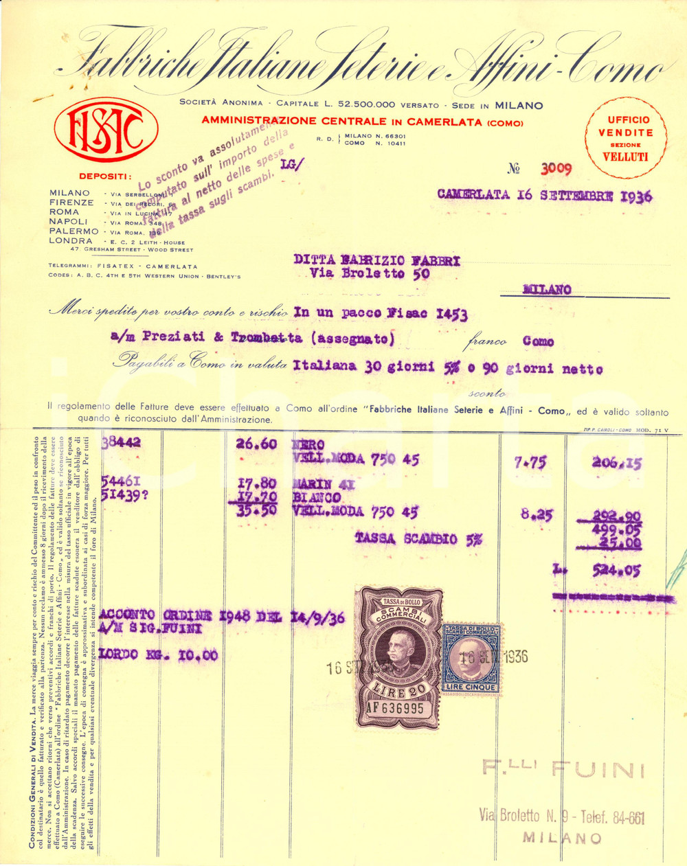 Documento originale, autentico 1936 CAMERLATA CO Fabbriche ITALIANE SETERIE e AFFINI Fattura commerciale 1