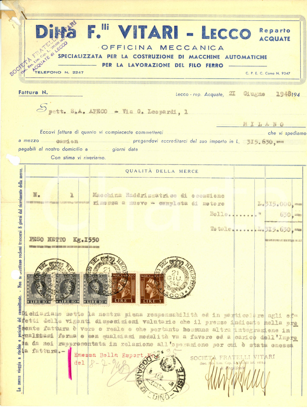 Documento originale, autentico 1948 LECCO Fratelli VITARI Officina Meccanica Fattura commerciale 1