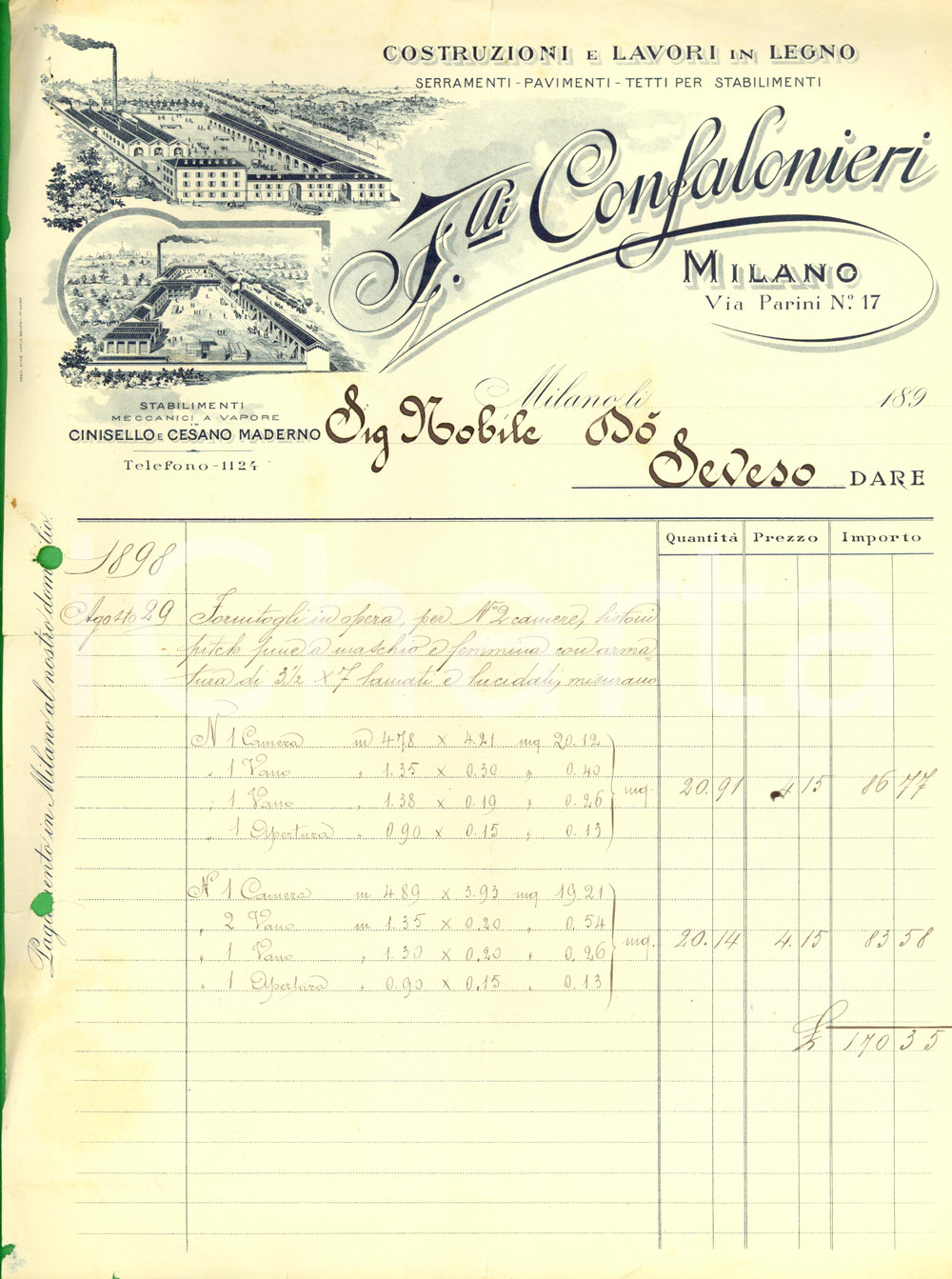 Documento originale, autentico 1898 MILANO Ditta Fratelli CONFALONIERI Costruzioni in legno DANNEGGIATA 1