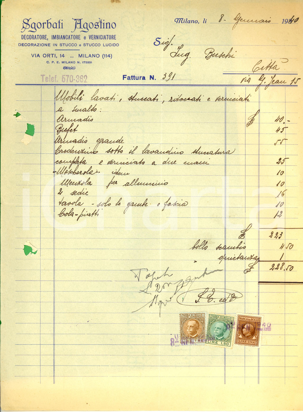 Documento originale, autentico 1940 MILANO Ditta SGORBATI Agostino Decoratore Fattura Commerciale 1
