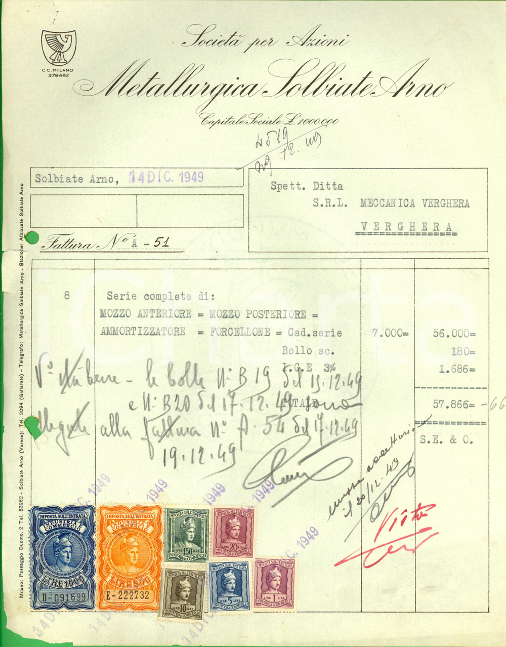 Documento originale, autentico 1949 SOLBIATE ARNO VA SocietÃ  METALLURGICA Fattura Commerciale DANNEGGIATA 1