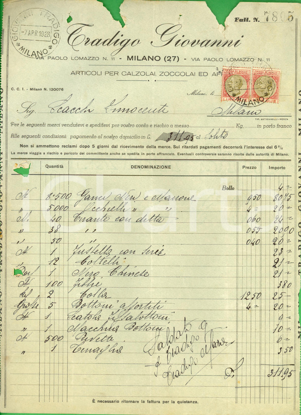 Documento originale, autentico 1928 MILANO Ditta Giovanni TRADIGO articoli per calzolai DANNEGGIATA 1