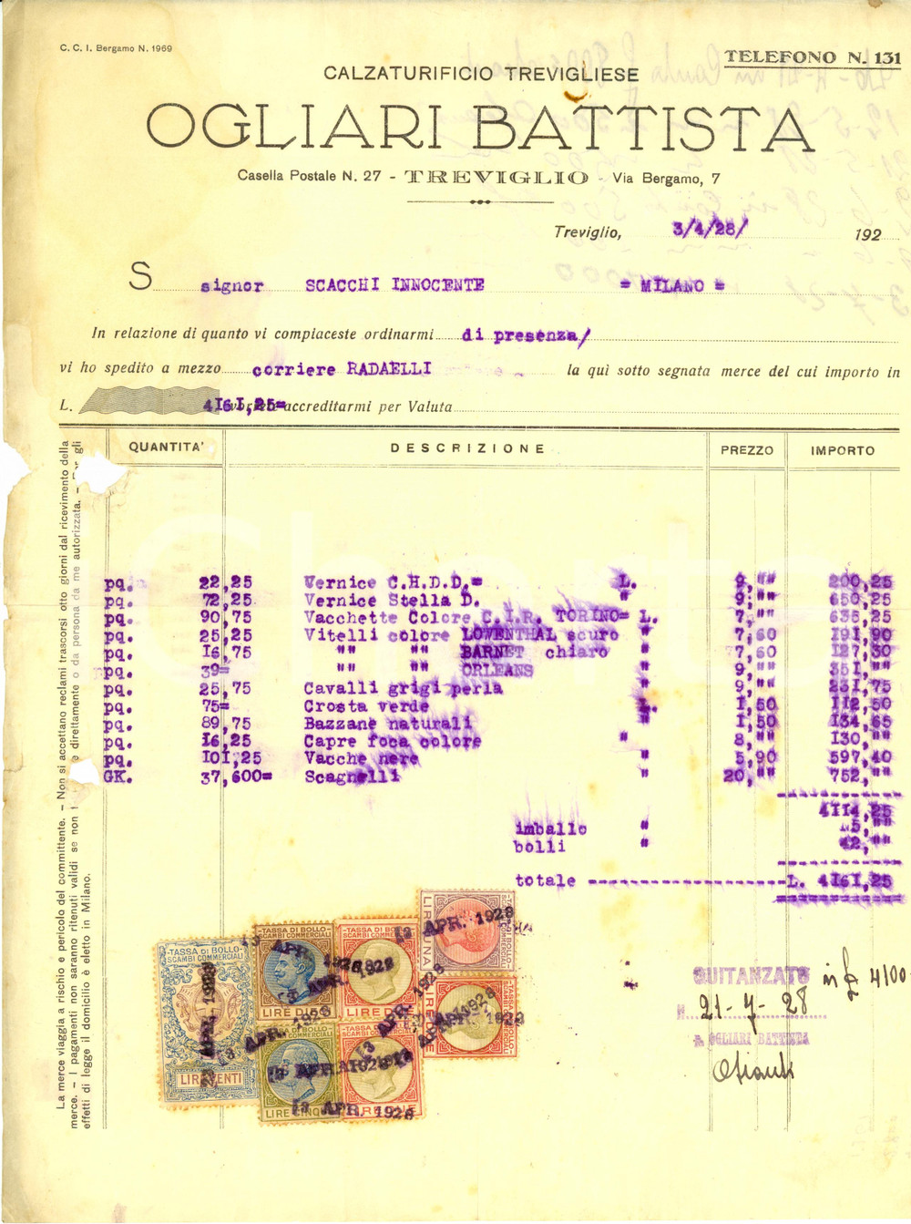 Documento originale, autentico 1928 TREVIGLIO BG Ditta Battista OGLIARI Calzaturificio DANNEGGIATA 1