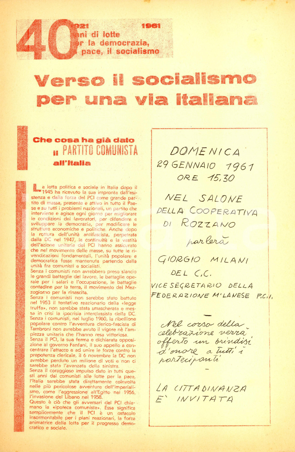 Materiale pubblicitario d’epoca 1961 ROZZANO MI PROPAGANDA POLITICA Giorgio MILANI sui 40 anni di attivitÃ  PCI 1