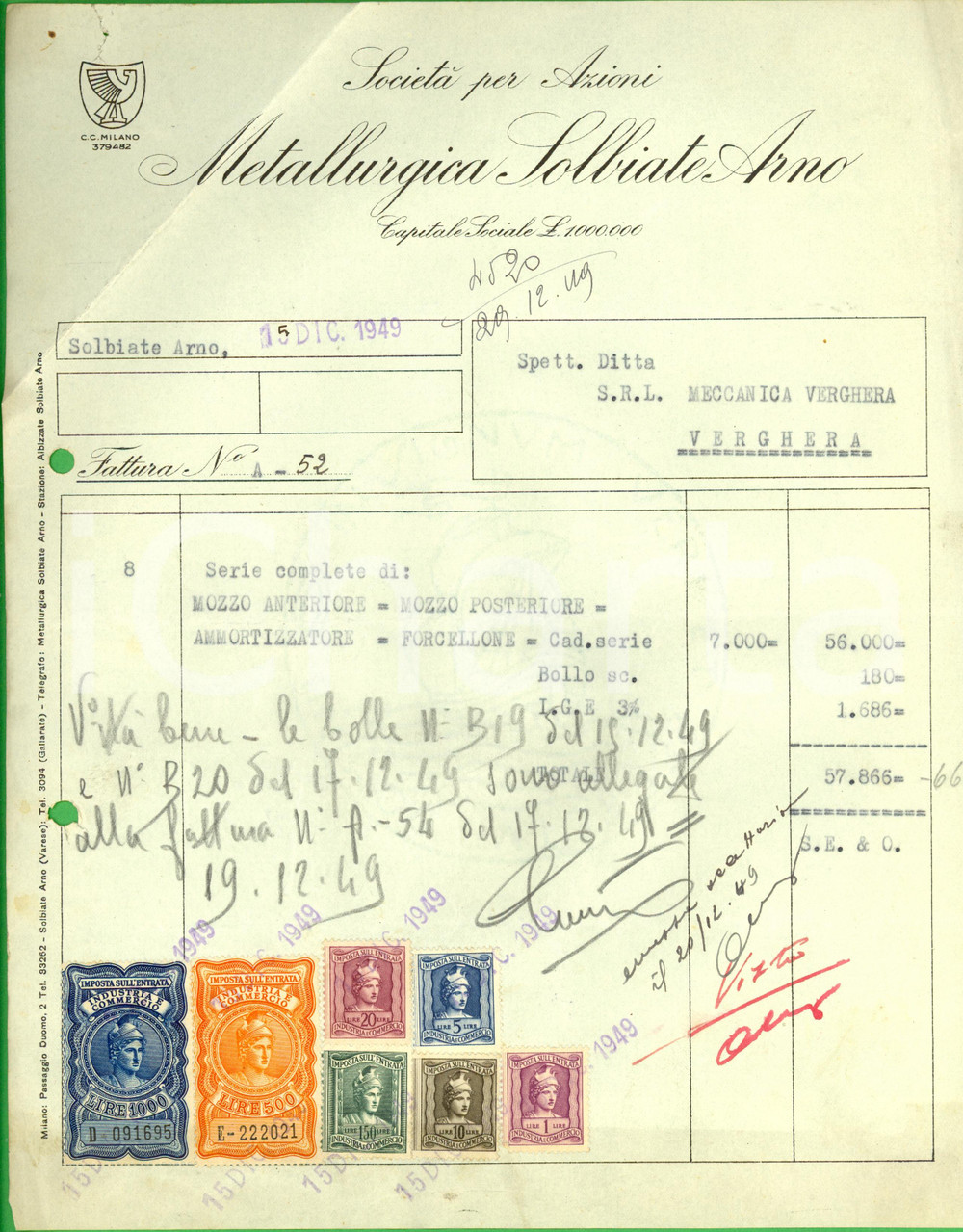 Documento originale, autentico 1949 SOLBIATE ARNO VA SocietÃ  METALLURGICA Fattura Commerciale 1