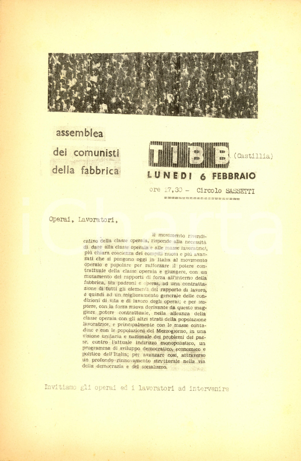Materiale pubblicitario d’epoca 1956 MILANO Assemblea operai comunisti Fabbrica TIBB via DE CASTILLIA Ciclostile 1