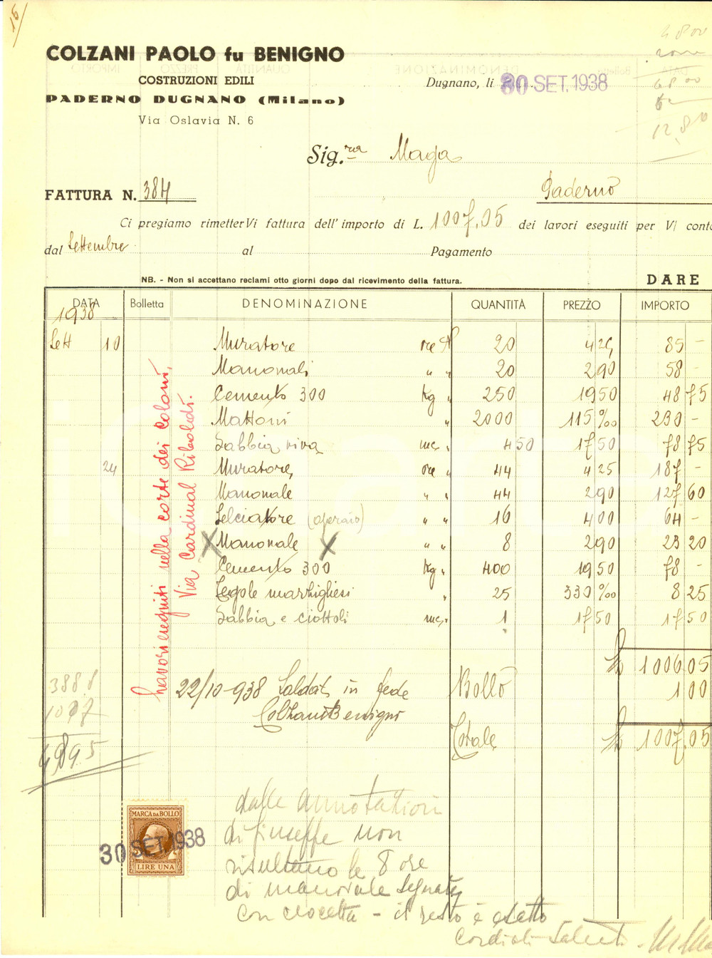 Documento originale, autentico 1938 PADERNO DUGNANO MI Ditta Paolo COLZANI Costruzioni edili Fattura 1