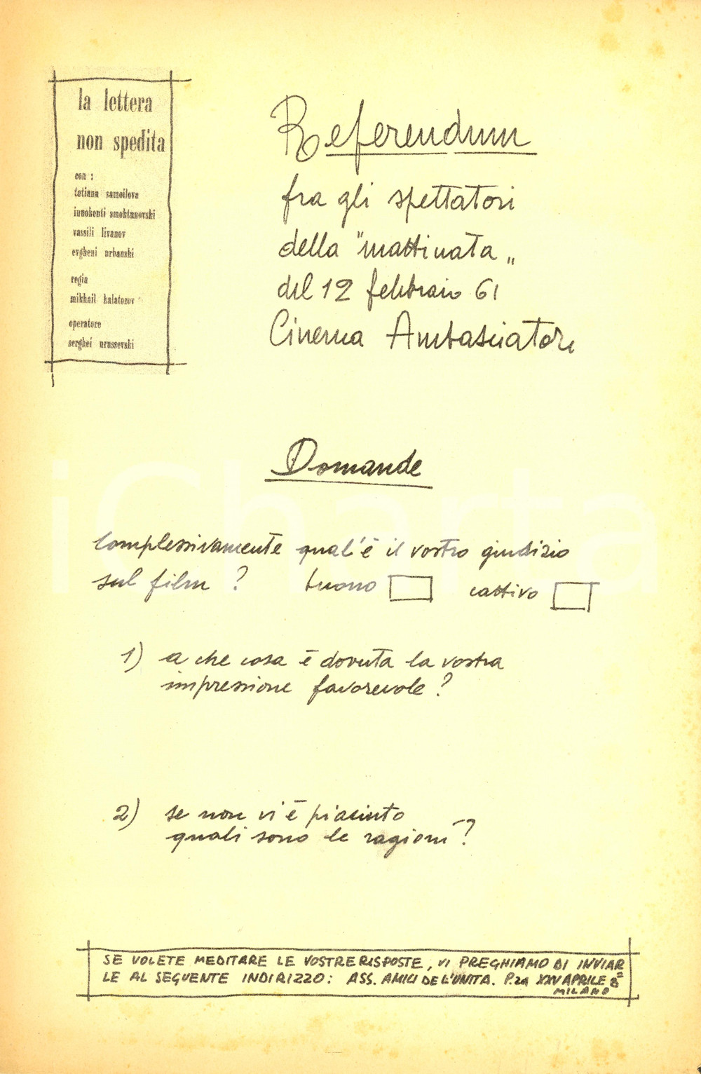 Materiale pubblicitario d’epoca 1961 MILANO Questionario Cineforum L UNITA  al Cinema AMBASCIATORI Ciclostilato 1