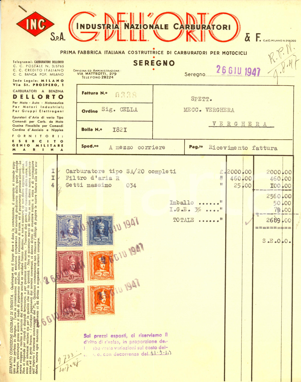 Documento originale, autentico 1947 SEREGNO MB Ditta DELL ORTO Carburatori Fattura Commerciale 1