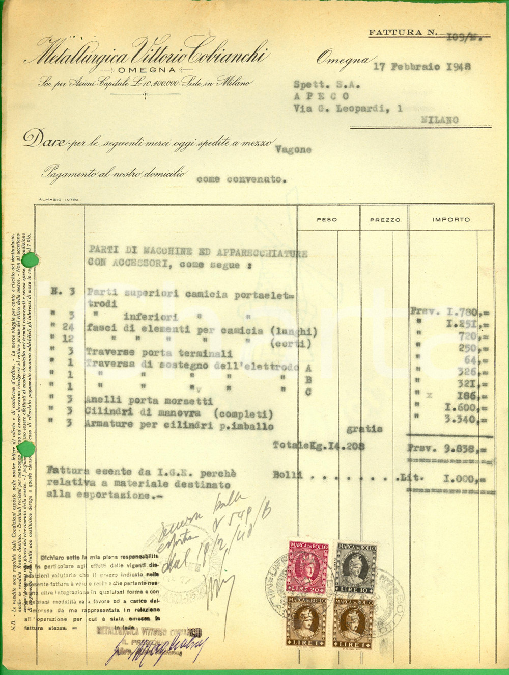 Documento originale, autentico 1948 OMEGNA VB Metallurgica Vittorio COBIANCHI Fattura 1 1
