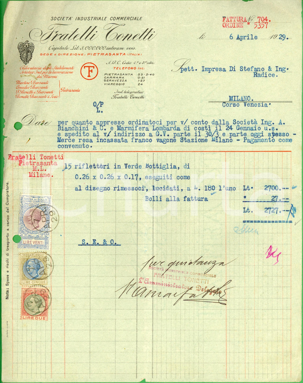 Documento originale, autentico 1929 PIETRASANTA LU Società Industriale Commerciale Fratelli TONETTI Fattura 1