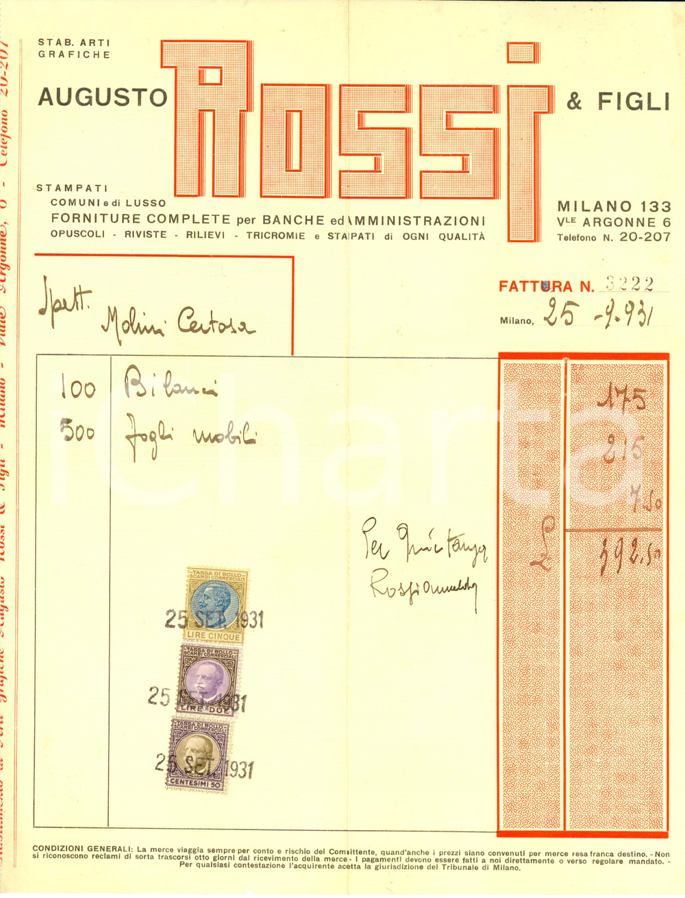 Documento originale, autentico 1931 MILANO Augusto ROSSI & figli Stabilimento Arti Grafiche Fattura 1