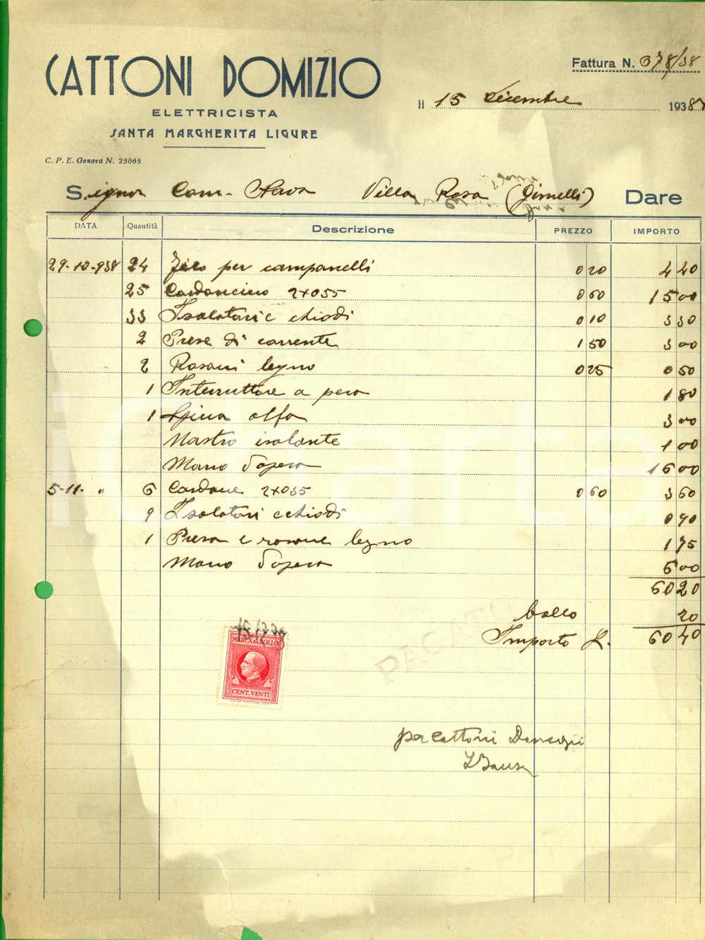 Documento originale, autentico 1938 SANTA MARGHERITA LIGURE GE Ditta Domizio CATTONI Elettricista Fattura 1
