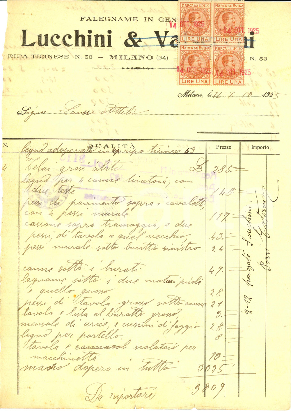 Documento originale, autentico 1925 MILANO Ditta LUCCHINI & VALSECCHI Falegnameria Fattura commerciale 1