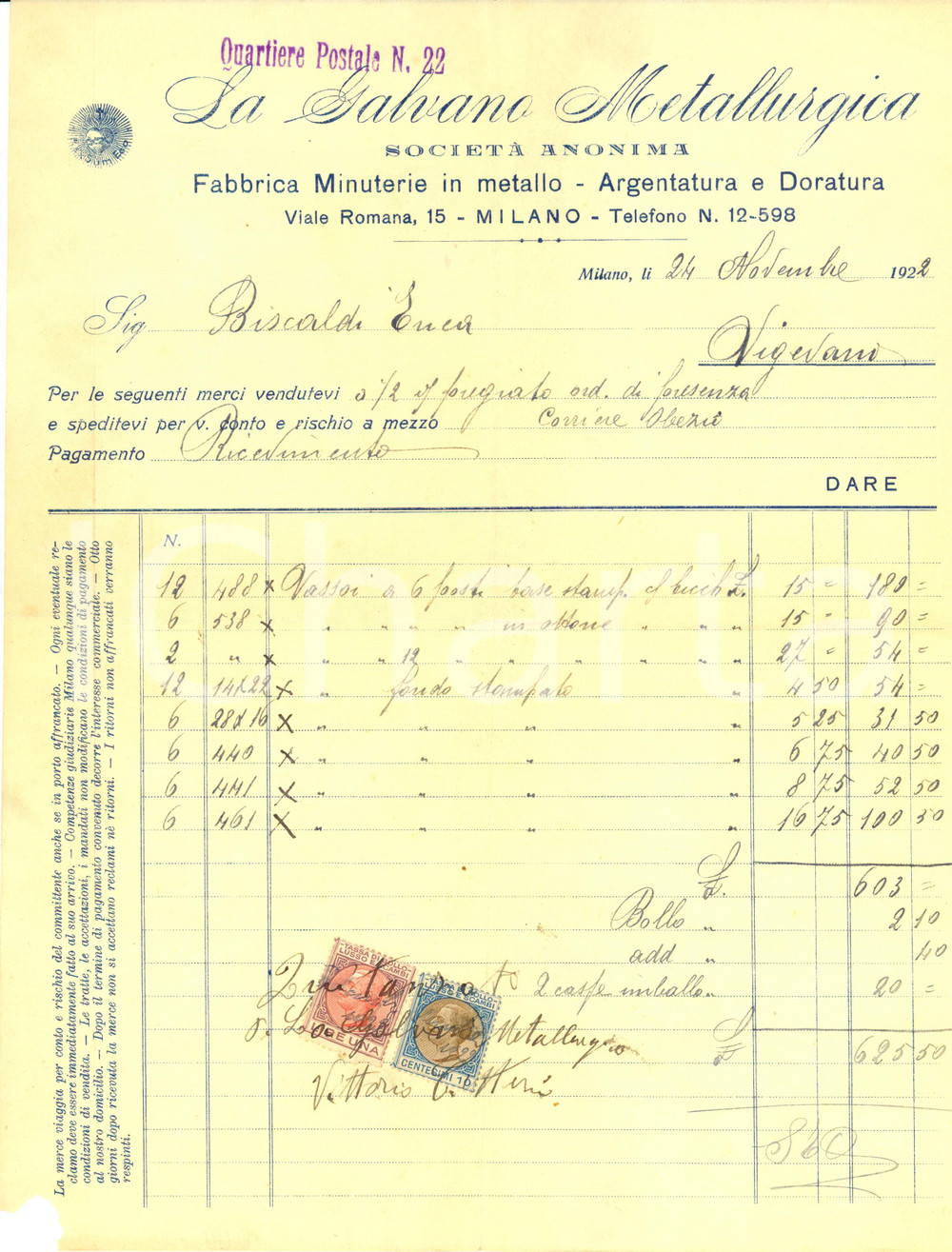 Documento originale, autentico 1922 MILANO Ditta La GALVANO Minuterie Metallurgica Argentatura Doratura Fattura 1