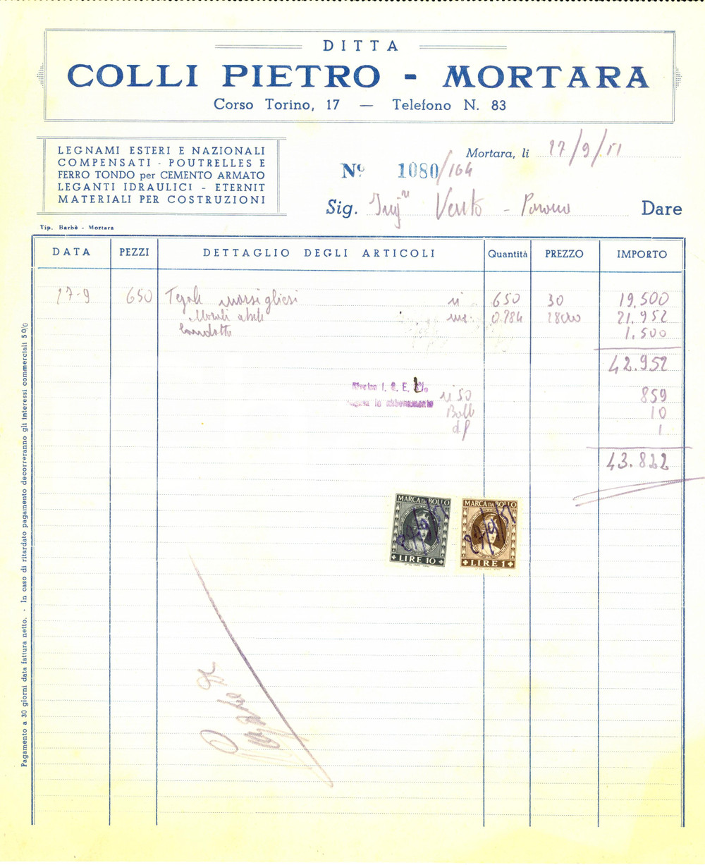 Documento originale, autentico 1951 MORTARA PV Ditta Pietro COLLI Materiali per costruzione Fattura 1