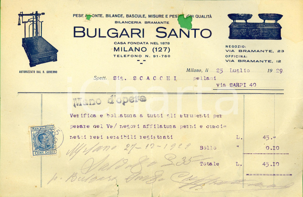 Documento originale, autentico 1929 MILANO Bilanceria BRAMANTE di Santo BULGARI Fattura commerciale 1