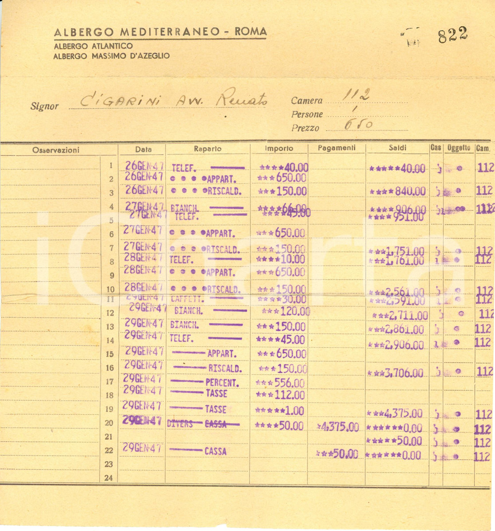 Documento originale, autentico 1947 ROMA Albergo MEDITERRANEO servizi avvocato Renato CIGARINI Fattura 1