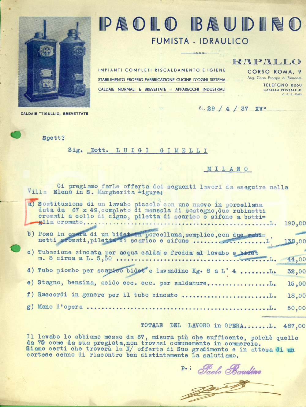 Documento originale, autentico 1937 RAPALLO GE Idraulico Paolo BAUDINO Caldaie TIGULLIO Preventivo 1