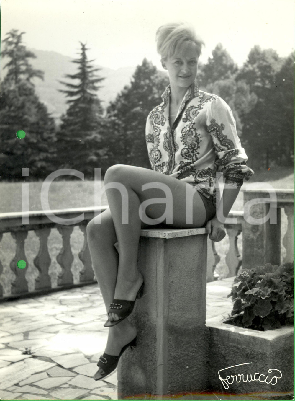 Fotografia d epoca originale 1960 ca STORIA DELLA MODA Modella in camicia fantasia in pineta Foto FERRUCCIO 1