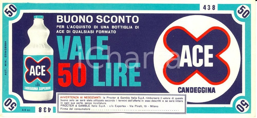 Materiale pubblicitario d’epoca 1960 ca MILANO PROCTER & GAMBLE Buono sconto candeggina ACE Documento 1