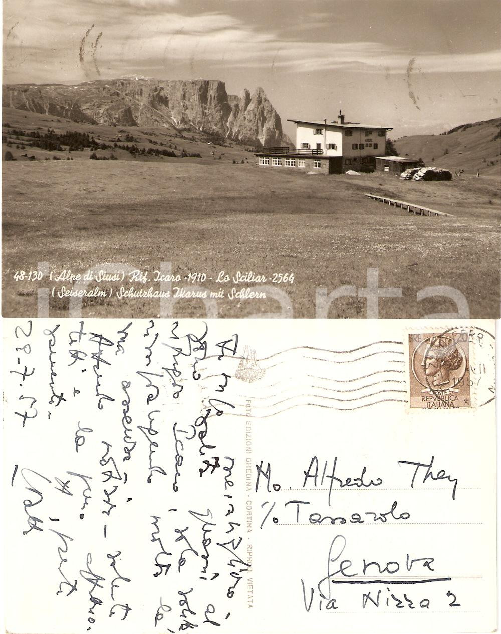 Cartolina originale da collezione 1957 SIUSI ALLO SCILIAR BZ Rifugio ICARO Cartolina ad Alfredo THEY FP VG 1