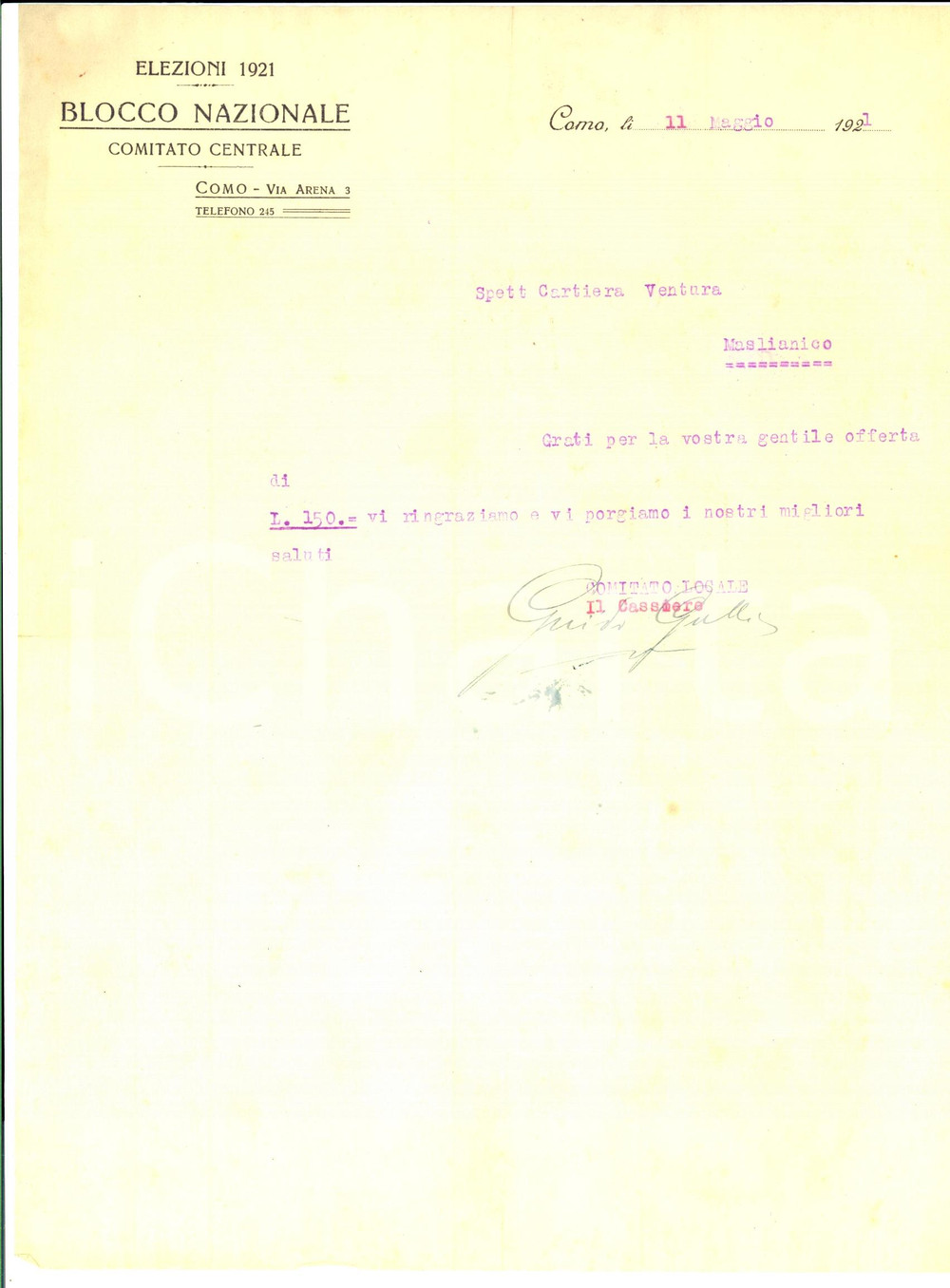 Manoscritto, lettera originale ELEZIONI 1921  COMO Offerta Cartiera VENTURA per BLOCCO NAZIONALE Lettera 1