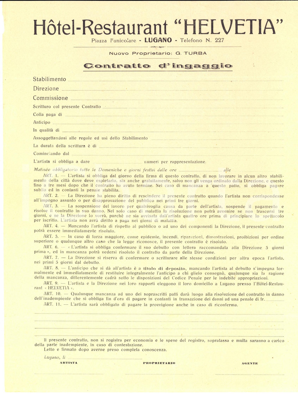 Manoscritto, lettera originale 1920 ca LUGANO CH Hotel Restaurant HELVETIA Contratto d ingaggio per artisti 1