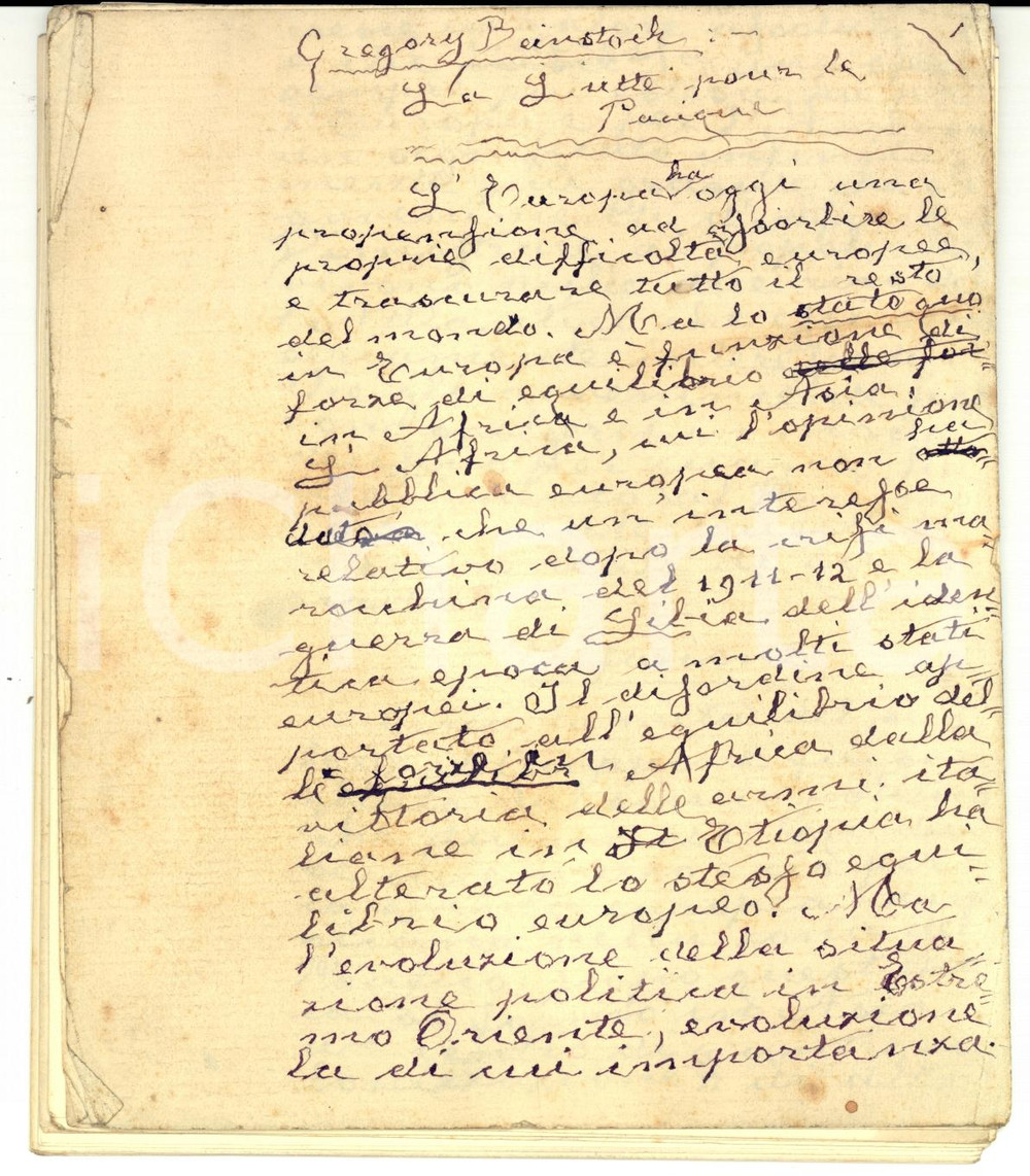 Manoscritto, lettera originale 1939 Gregory BIENSTOCK La lotta per il Pacifico AUTOGRAFO Felice ANZI 92 pp. 1