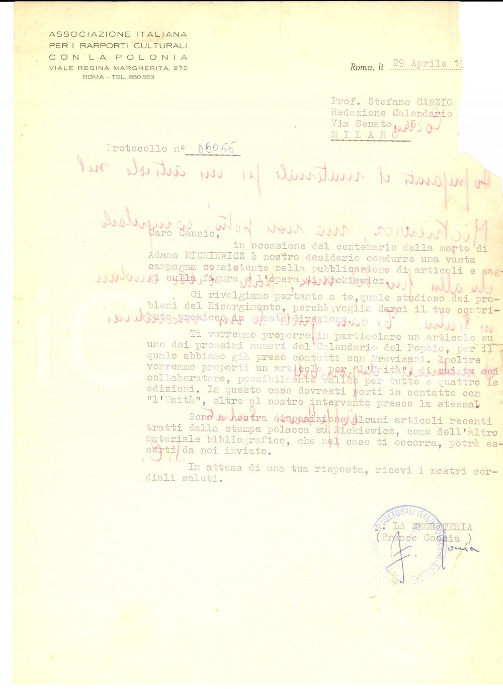 Autografo originale 1954 ROMA Franco COCCIA a Stefano CANZIO su Adam MICKIEWICZ Autografo 1