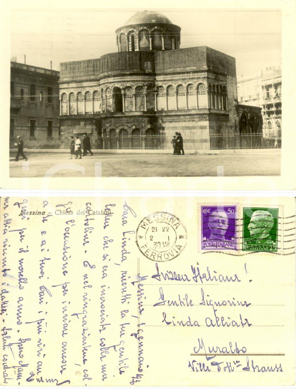 Autografo originale 1930 MESSINA Chiesa dei Catalani Cartolina a Linda ALLIATA cantante LOCARNO 1