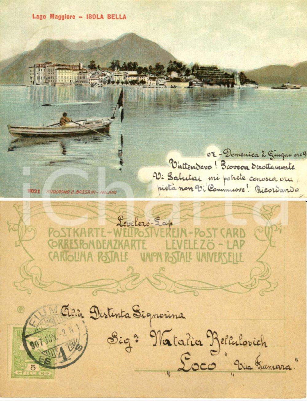 Cartolina originale da collezione 1907 ISOLA BELLA VB Veduta del Lago Maggiore Cartolina a Natalia BELLULOVICH 1