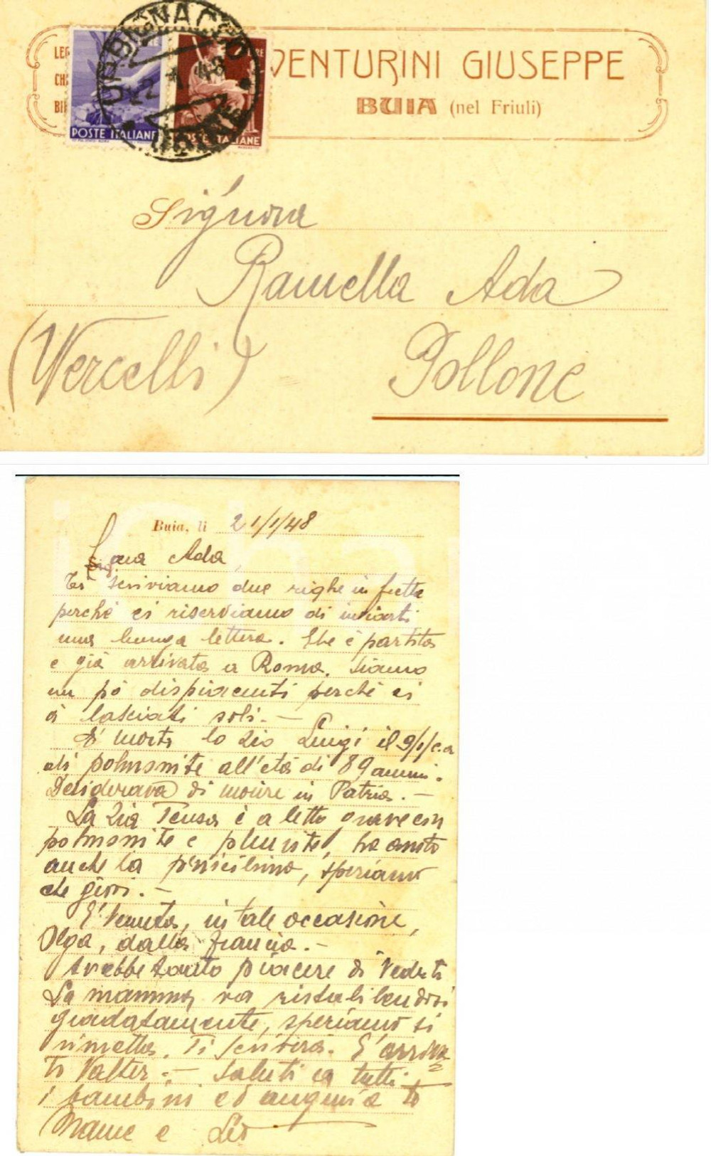 Cartolina originale da collezione 1948 BUJA UD Cartolina Giuseppe VENTURINI ad Ada RAMELLA FP VG 1