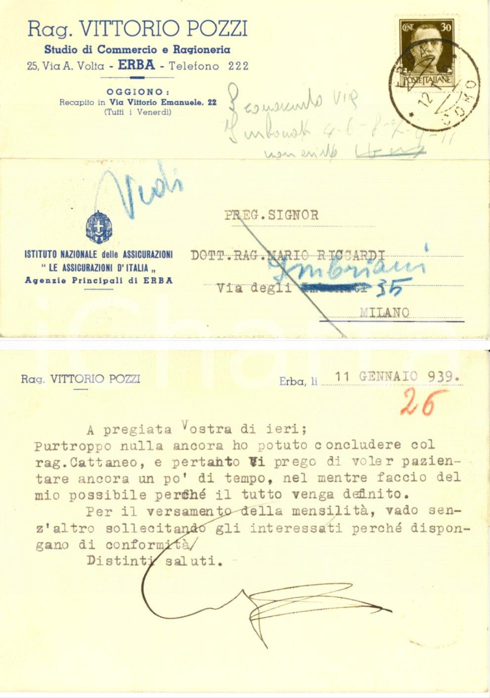 Autografo originale 1939 ERBA CO Rag. Vittorio POZZI a collega Mario RICCARDI AUTOGRAFO FG VG 1