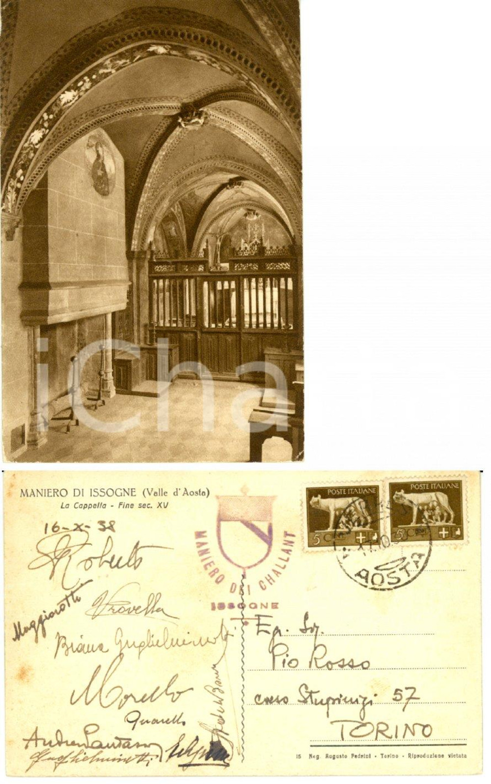 Autografo originale 1938 ISSOGNE AO Veduta del maniero Cartolina a Pio ROSSO alpinista FP VG 1