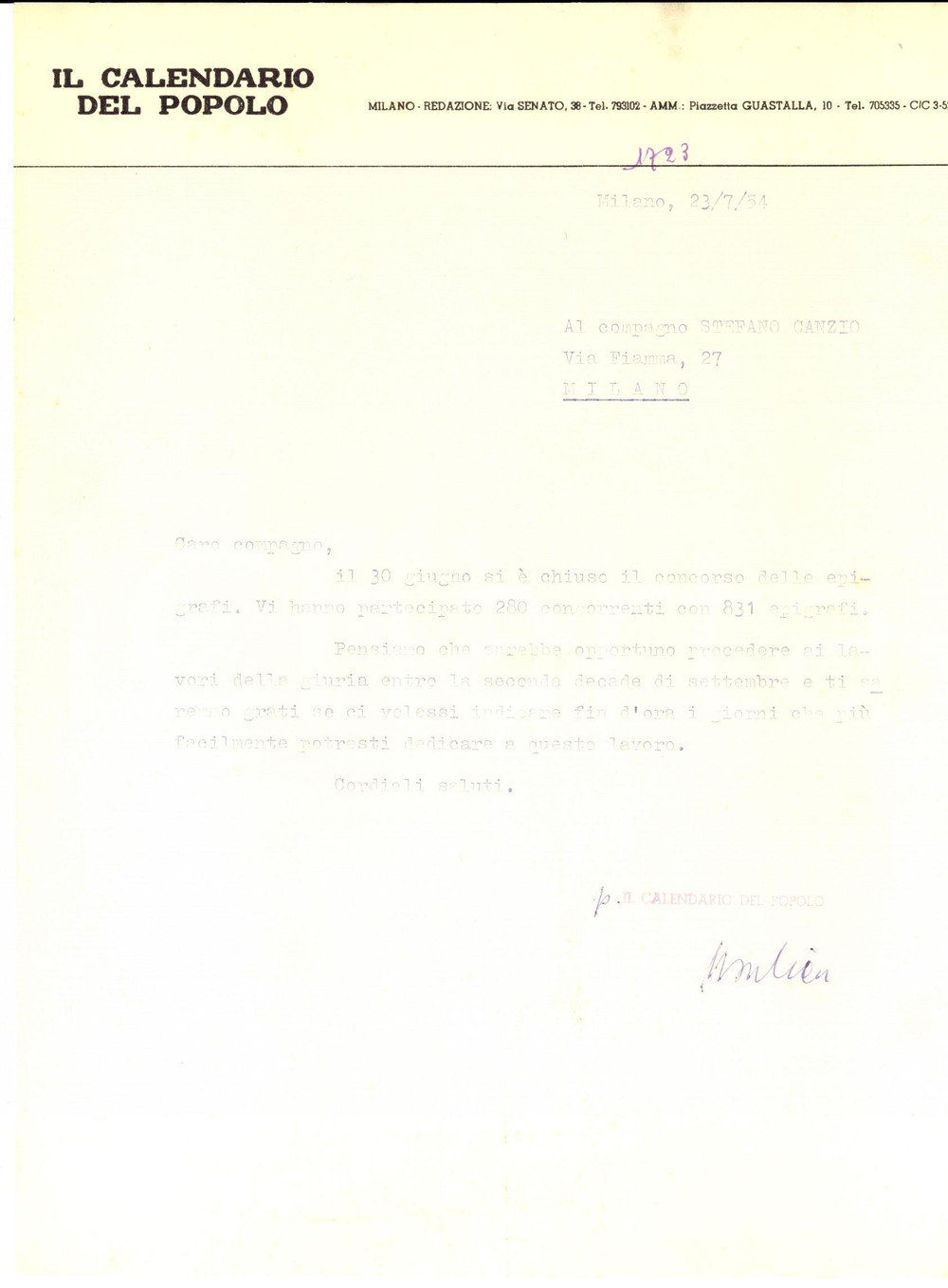Manoscritto, lettera originale 1954 MILANO CALENDARIO DEL POPOLO Stefano CANZIO giurato al concorso epigrafi 1