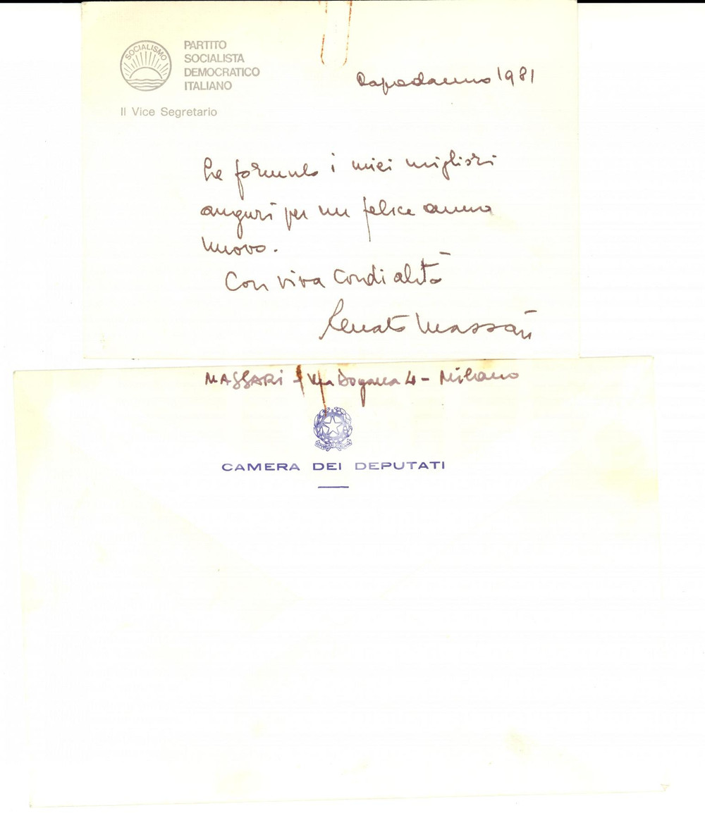 Autografo originale 1981 MILANO PSDI On. Renato MASSARI Auguri Buon Anno AUTOGRAFO 1