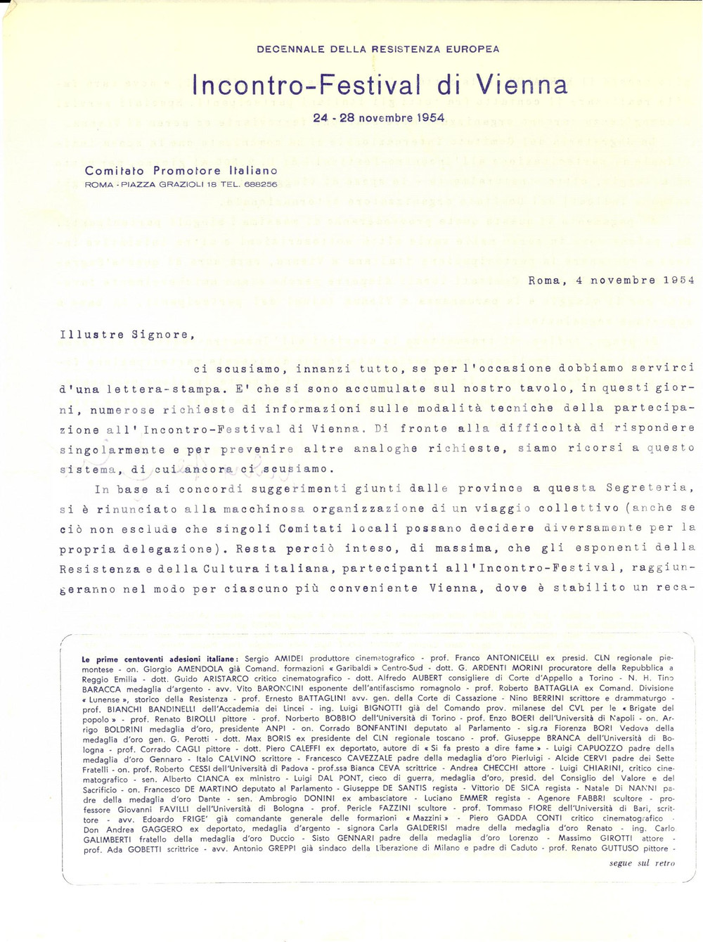 Manoscritto, lettera originale 1954 ROMA Adesioni a IncontroFestival di VIENNA  Decennale della RESISTENZA 1