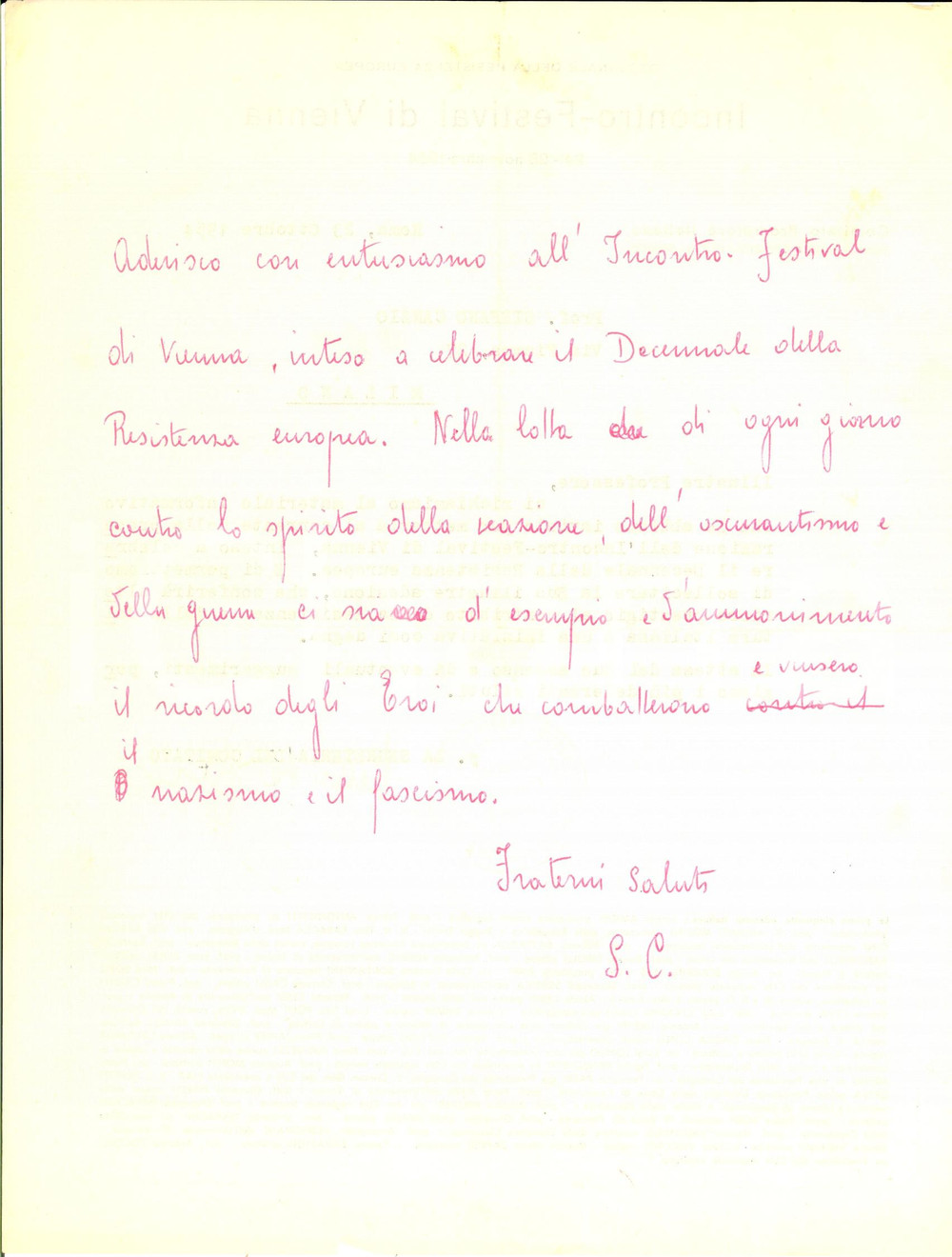 Manoscritto, lettera originale 1954 ROMA Stefano CANZIO al Decennale della RESISTENZA di VIENNA AUTOGRAFO 1