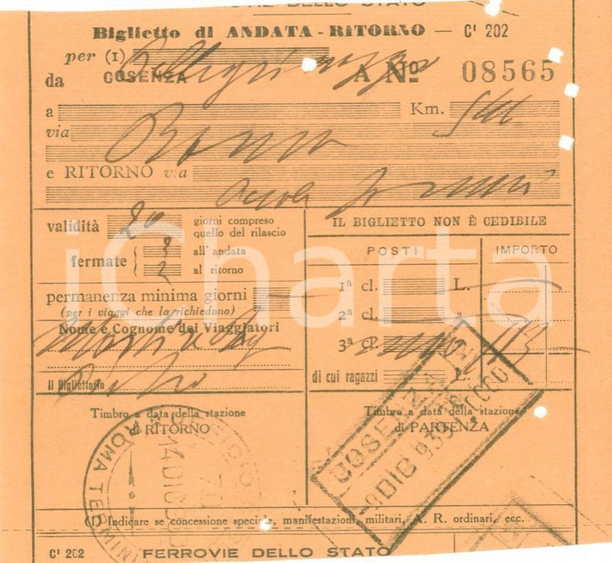 Documento originale, autentico 1939 COSENZA FERROVIE DELLO STATO Biglietto per pellegrinaggio a ROMA 1