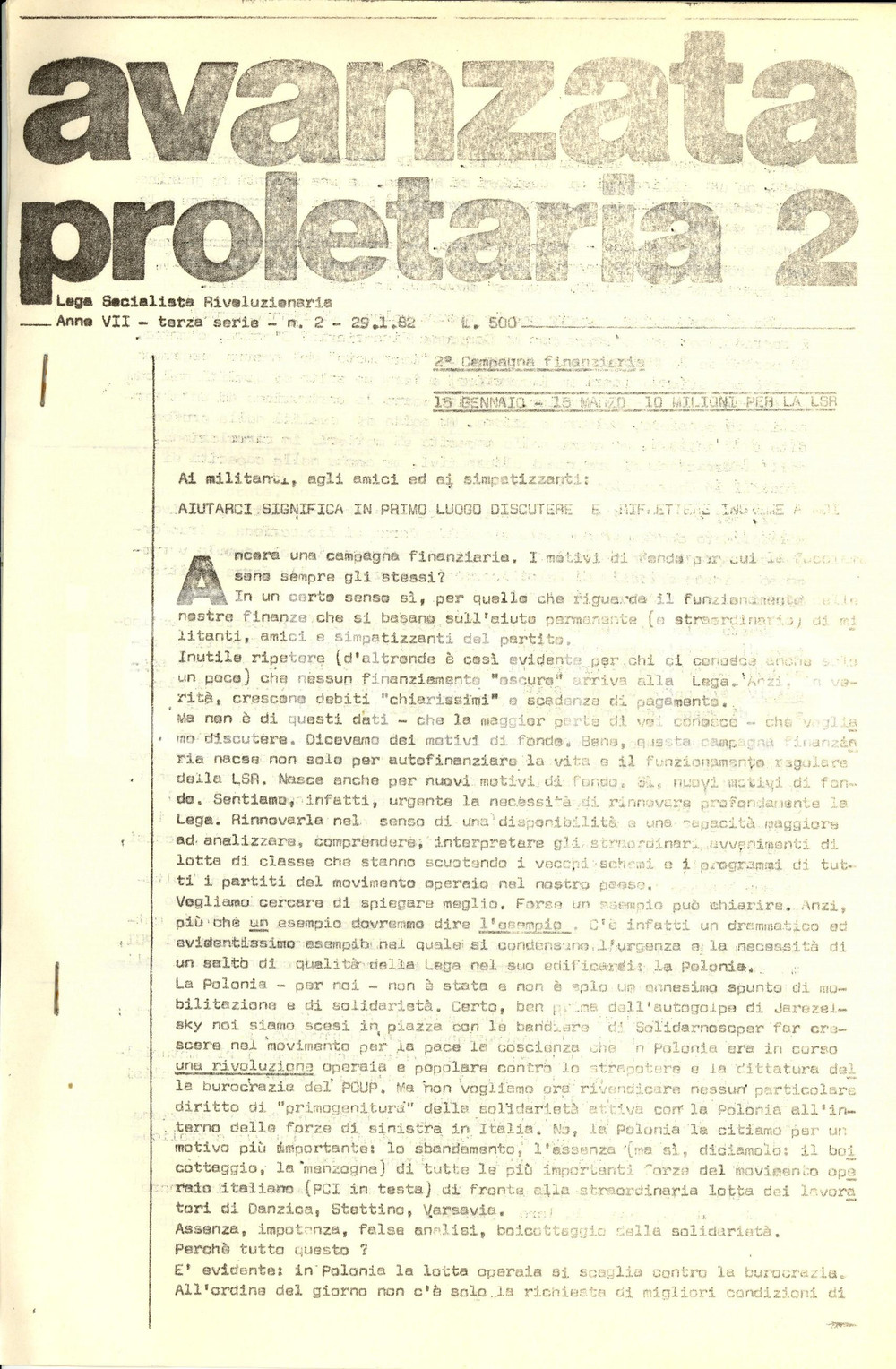 Giornale, rivista storica 1982 AVANZATA PROLETARIA Lega Socialista Rivoluzionaria non riceve fondi oscuri 1